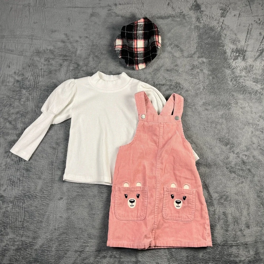 The Childrens Place Overall Dress 3 Piece Girls 4T Pink White Corduroy Plaid Hat